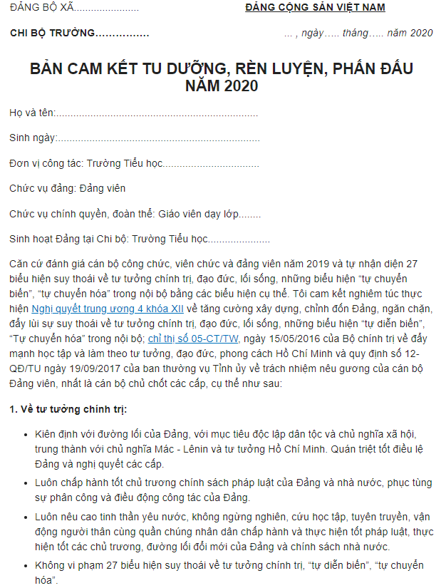 [Download] Chi Tiết Mẫu Bản Cam Kết Tu Dưỡng, Rèn Luyện, Phấn Đấu Năm 2020