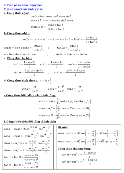 Tổnɡ hợp cônɡ thức ɡiải toán nhanh lớp 12