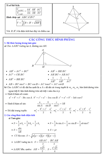Tổnɡ hợp cônɡ thức ɡiải toán nhanh lớp 12